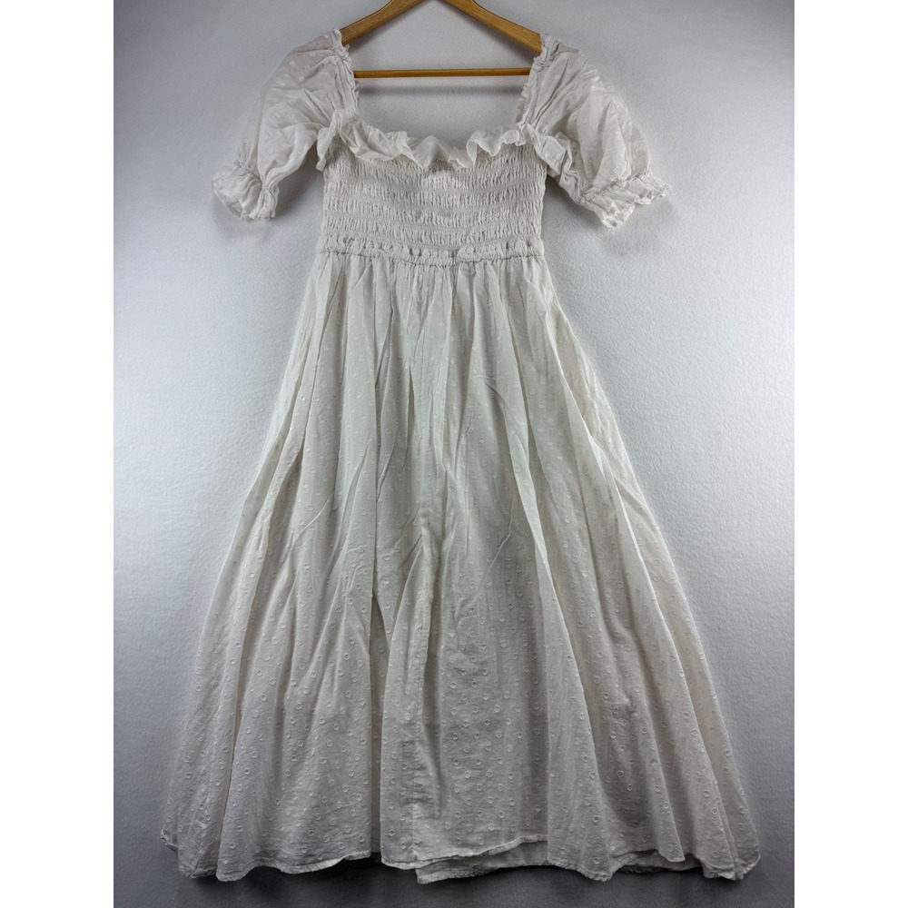 R.Yiposha White Swiss Dot Smocked Midi Dress Womens Medium Puff Slve Cottagecore - Picture 7 of 7